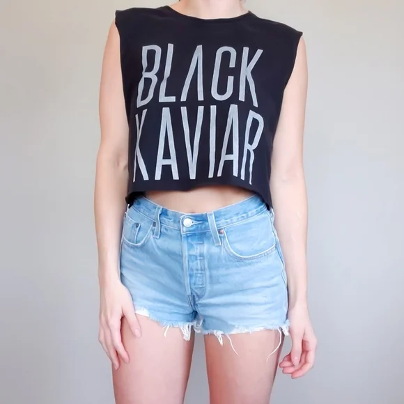 Black Kaviar Graphic Sleeveless Crop Top Upcycled - Picture 2 of 7